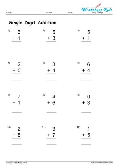 Single Digit Addition Worksheets pdf