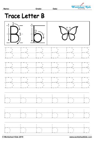 Letter B alphabet tracing worksheets activity