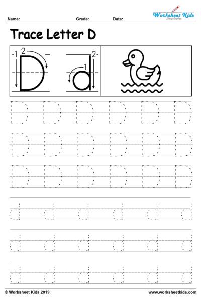Letter D alphabet tracing worksheets - Free printable PDF