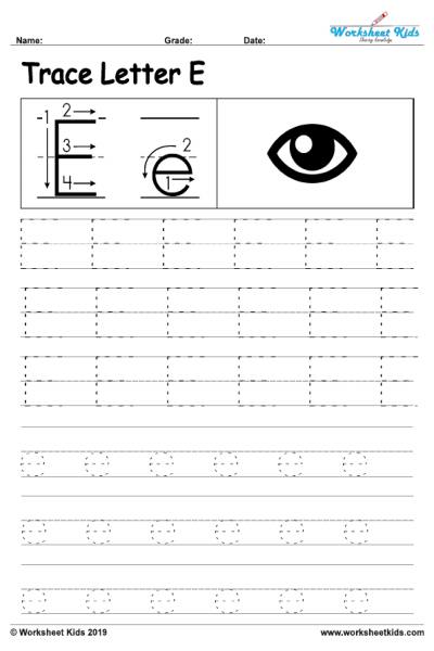 Letter E alphabet tracing activity worksheets