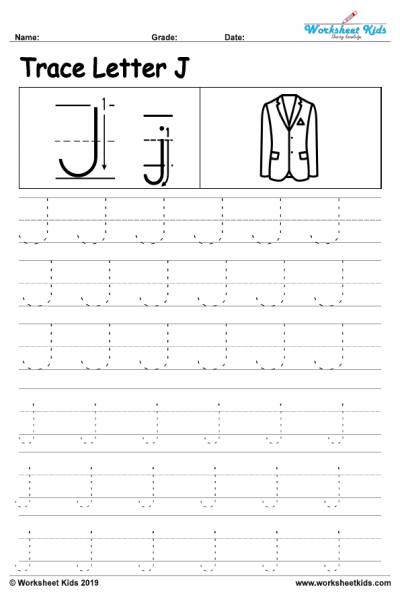 Letter J alphabet tracing worksheets activity
