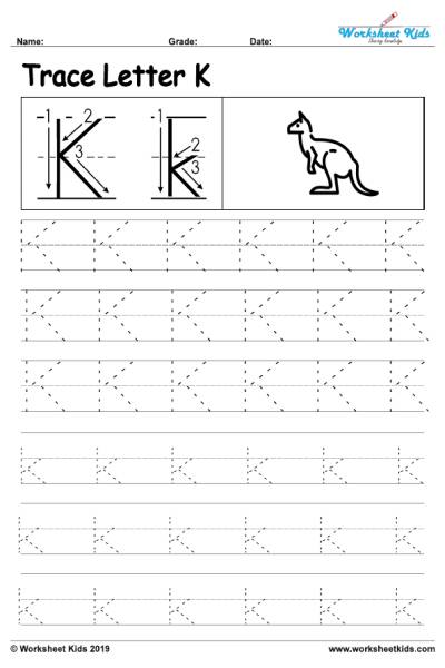 Letter K alphabet tracing worksheets activity