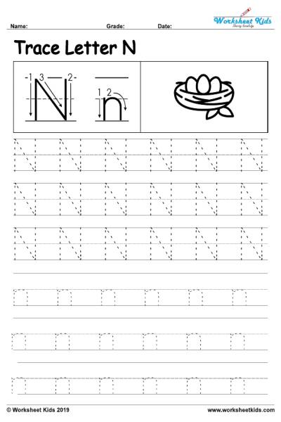 Letter N alphabet tracing worksheets