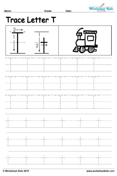Letter T alphabet tracing worksheets activity