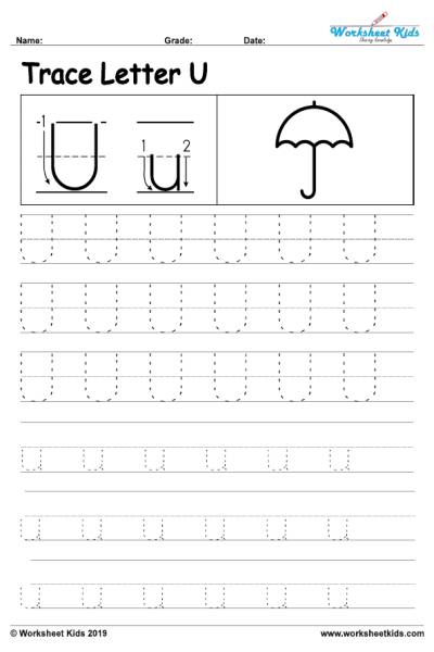 Letter U alphabet tracing worksheets