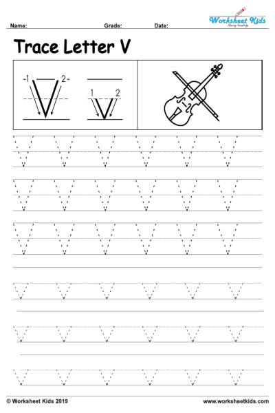 Letter V alphabet tracing worksheets