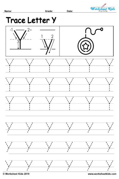 Letter Y alphabet tracing worksheets - Free printable PDF