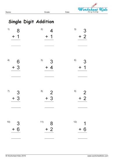 Single digit addition worksheets for grade 1