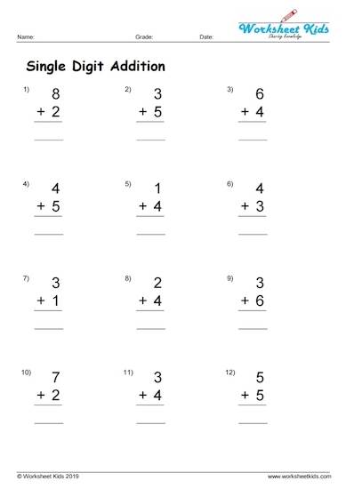 single digit addition worksheets for 1st grade