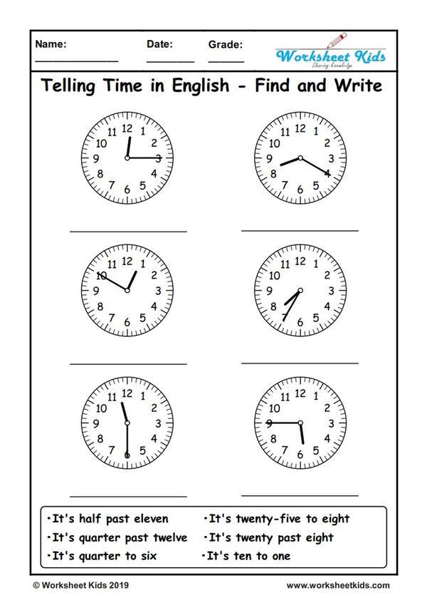 Telling Time In English find and write