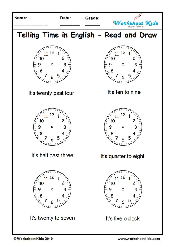 telling time in english read and draw free printable pdf