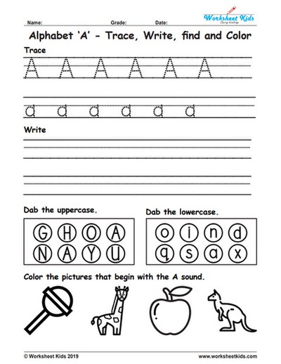 alphabet A trace write find color