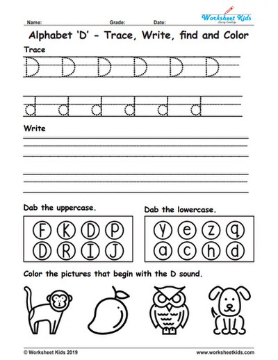 alphabet letter d trace write find color free printable pdf