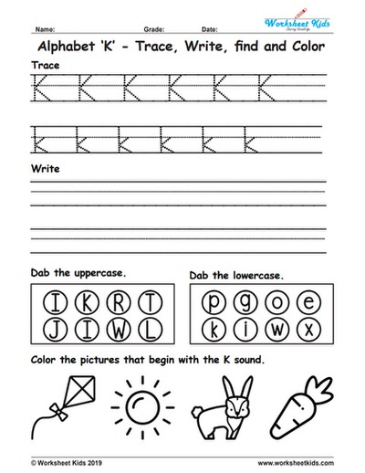 alphabet letter k trace write find color free printable pdf