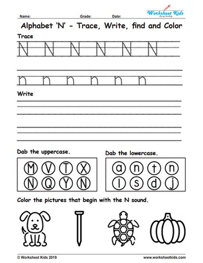 alphabet letter n trace write find color free printable pdf