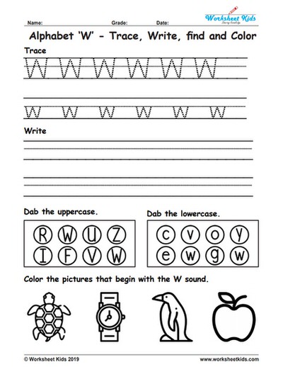 alphabet letter w trace write find color free printable pdf