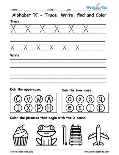 alphabet letter x trace write find color free printable pdf