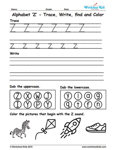 alphabet letter z trace write find color free printable pdf