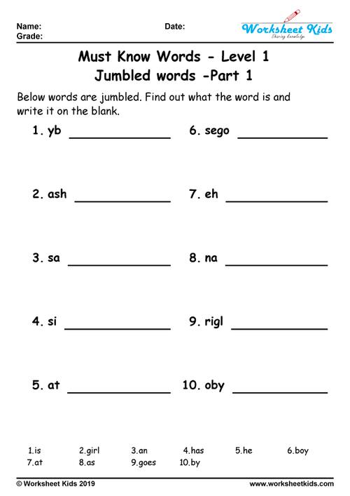 100 jumbled words for grade 1