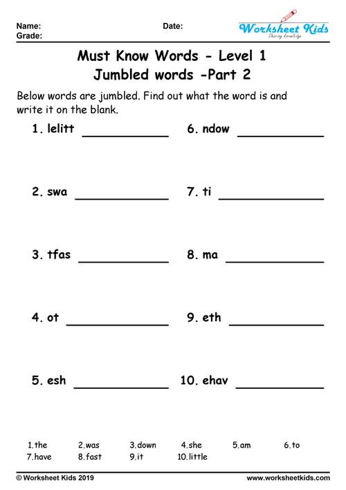 unscrambled words for grade 1