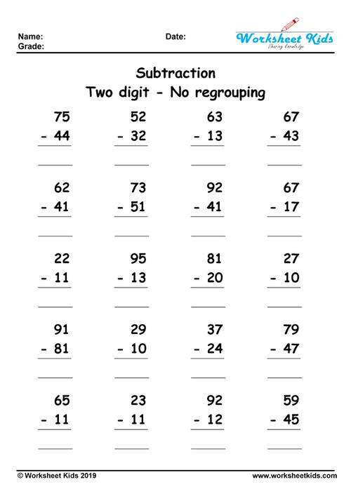Subtraction Of Two Digit Numbers Without Regrouping Worksheets