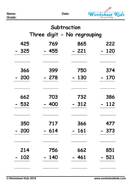 3 digit subtraction without regrouping worksheets free printable pdf