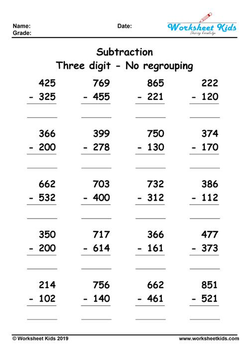 three digit subtraction pdf​