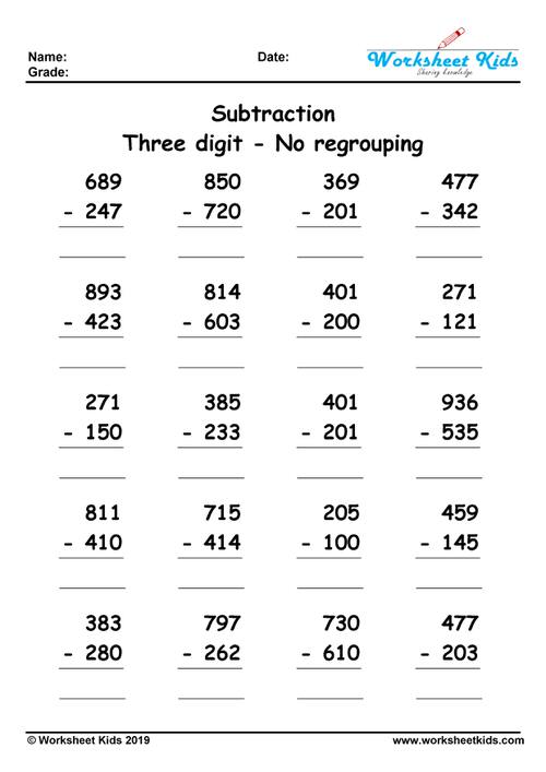 Subtracting 2 To 3 Digit Numbers Without Regrouping Worksheets