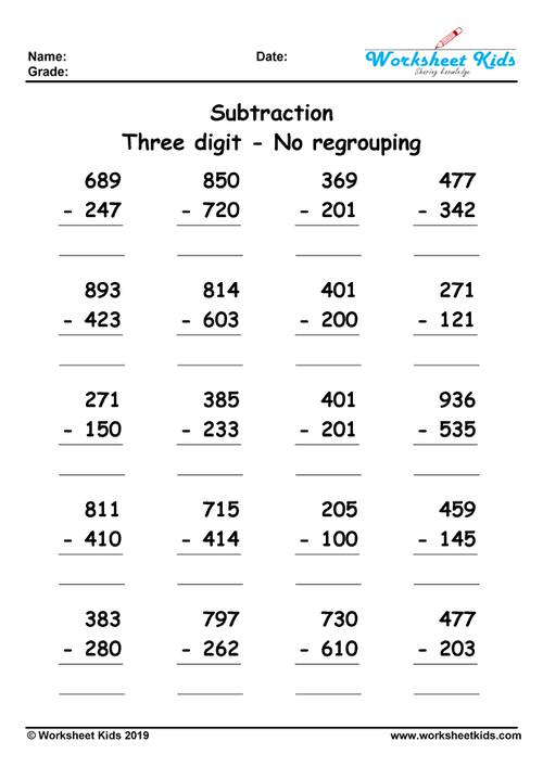 subtracting 3 digit numbers no borrow