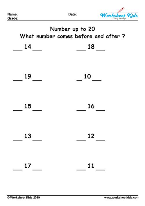 What number comes before and after ? 1 to 20, 100, 500, 1000