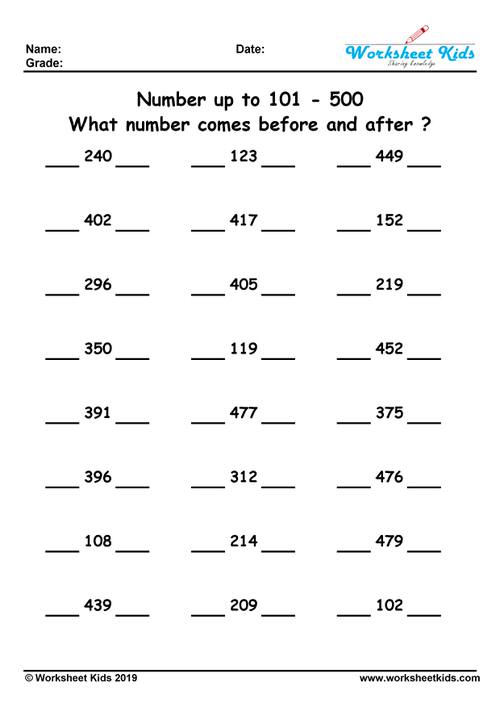 what number comes before and after 1 to 20 100 500 1000