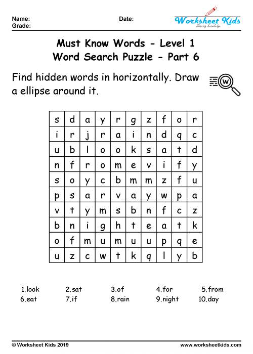 1st grade word search printable