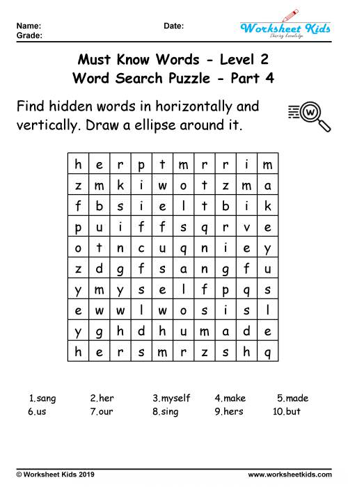 word search worksheet for grade 2