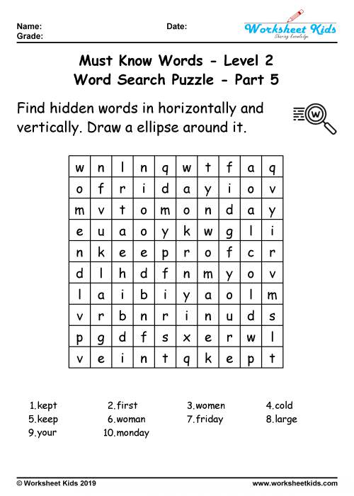 word search puzzle worksheets for year 2