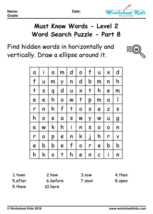 word search puzzle 100 must know words for 2nd grade free printable