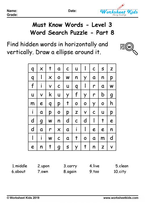 third grade word search printable