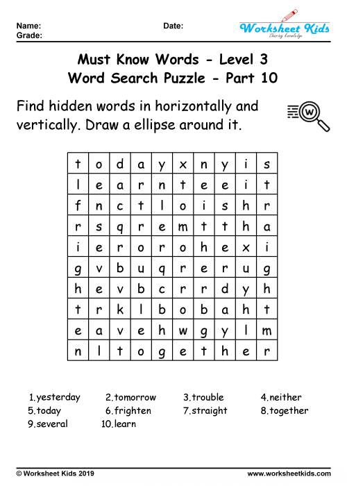 word search puzzle 100 must know words for 3rd grade free printable