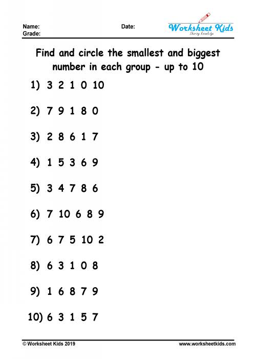 smallest and biggest number worksheet for kindergarten