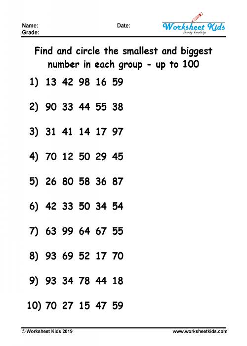 circle greatest and smallest number grade 1