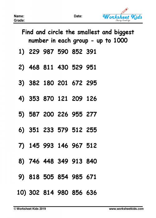 circle biggest and smallest number grade 2