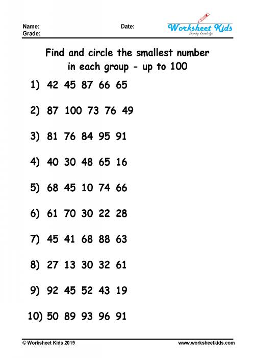 find smallest number worksheet