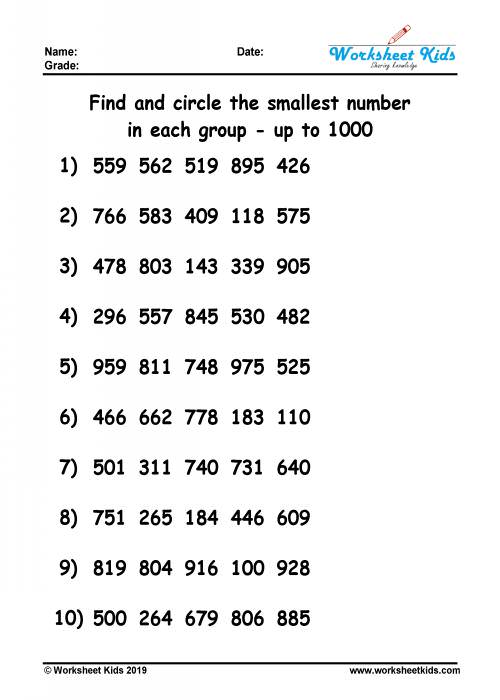 circle least number worksheet grade 2
