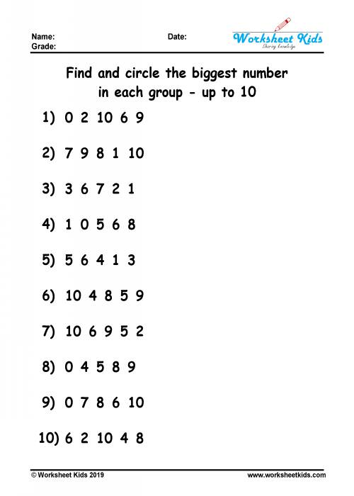 biggest number worksheet for grade 1