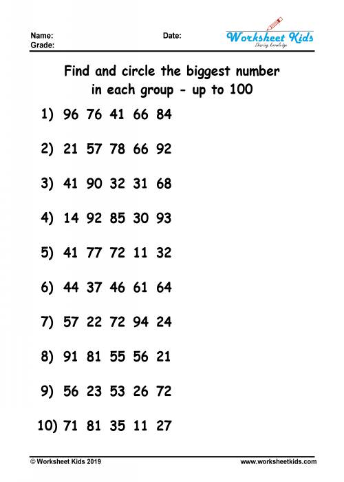find biggest number worksheet