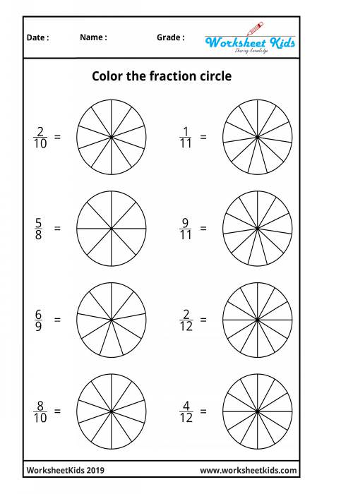 fraction circles coloring printable worksheets 3rd 4th 5th grades free