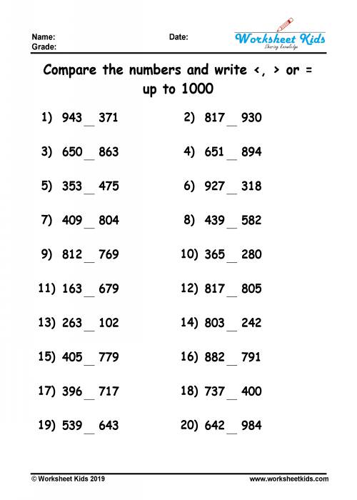 comparing numbers worksheets from 1 to 1000 free printable pdf