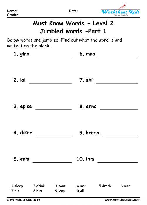 Unscramble jumbled words puzzle for Grade 2 Worksheets - Free printable