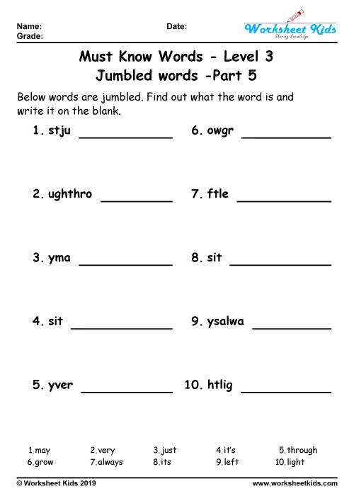 Unscramble jumbled words puzzle for grade 3 worksheets Free printable