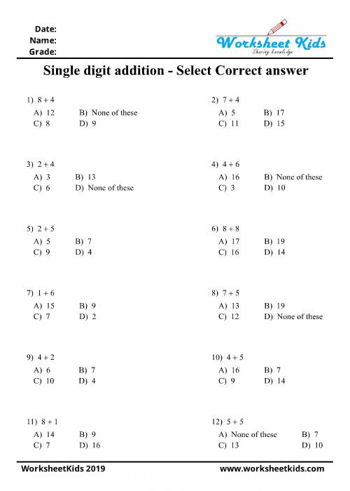 single digit addition mcq