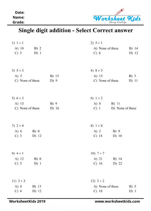 multiple choice question addition worksheet